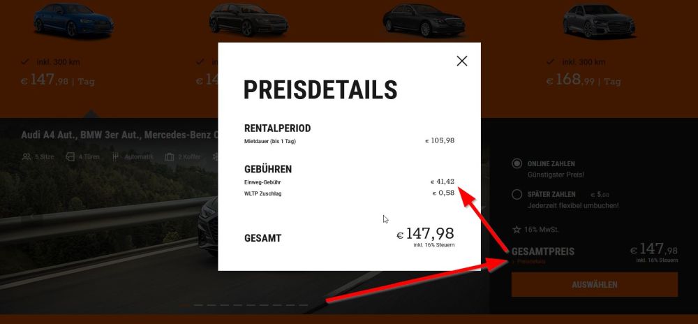 Popup der Sixt Einwegmiete Kosten