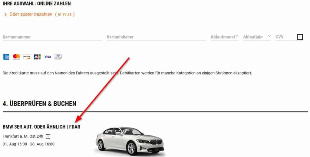Kennzeichnung der Sixt Fahrzeugklasse auf der Webseite