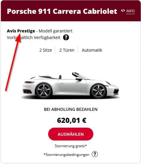 Zeigt einen Porsche 911 Carrera Cabriolet aus der AVIS Prestige Kategorie