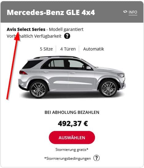 Zeigt einen Mercedes GLE aus der AVIS Select Kategorie