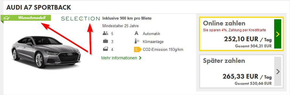 Kennzeichnung der Europcar Selection Fahrzeuge auf der Webseite