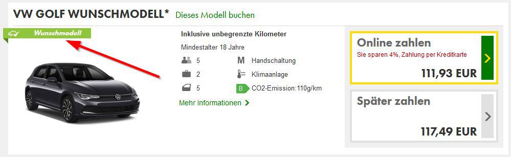 Kennzeichnung der Europcar Wunschmodell Fahrzeuge auf der Webseite