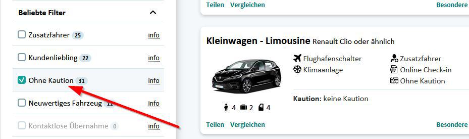 Erklärung welcher Filter auf der Webseite gesetzt werden muss, um Sunny cars ohne Kreditkarte zu buchen