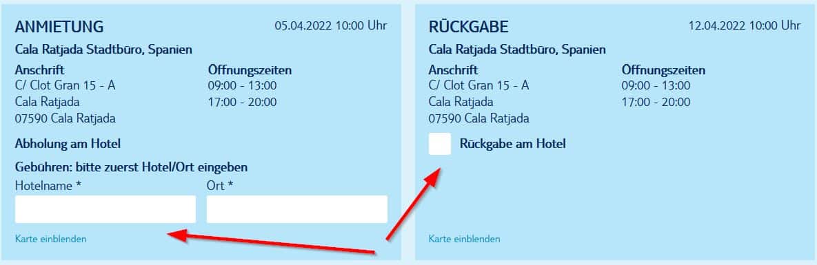 Eingabe des Übernahmeortes und Rückgabeortes für die TUI Cars Hotelzustellung