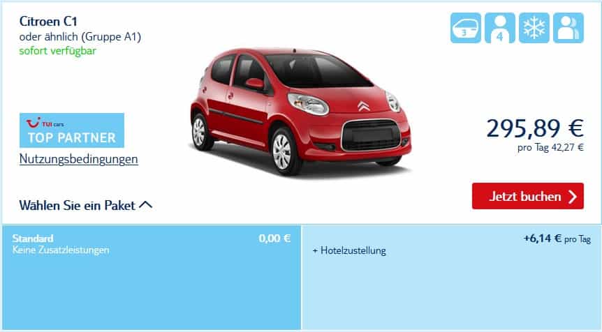 Auswahl der TUI Cars Hotelzustellung auf der Webseite