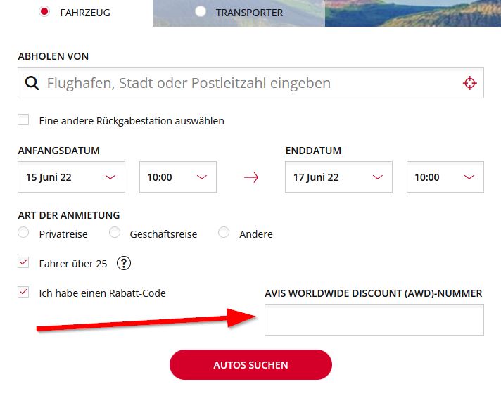 Eingabefeld für den AVIS Gutscheincode