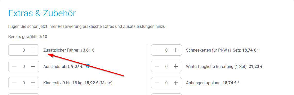 Buchung eines Zusatzfahrers über die Buchbinder Webseite