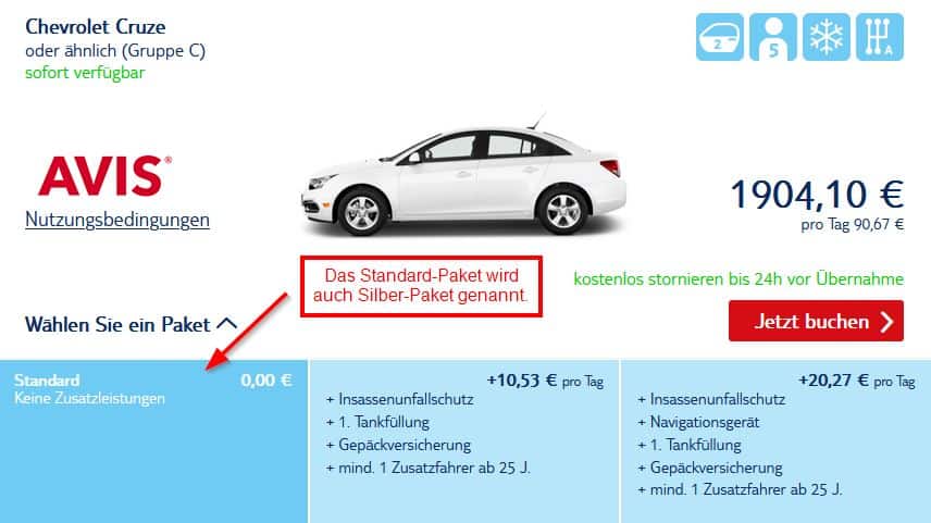 Auswahlmöglichkeit des TUI Cars Silber Paket auf der Webseite