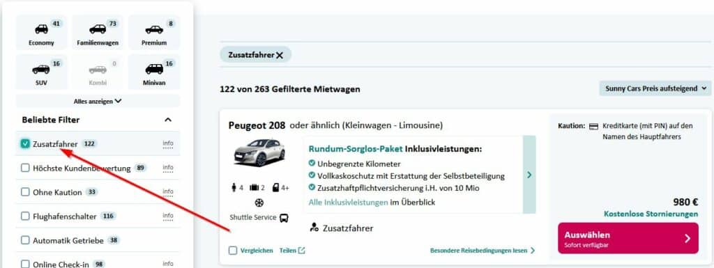 Die Angebote mit einem Zusatzfahrer inklusive können auf der Webseite von Sunny Cars ganz einfach ausgewählt werden.