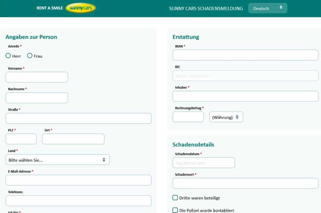 Online Formular von Sunny Cars zur Beantragung der Rückerstattung der Selbstbeteiligung