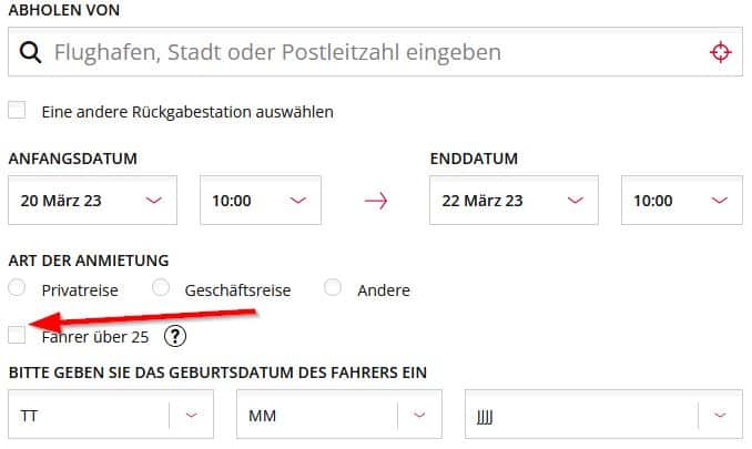 Checkbox auf der AVIS Webseite, um das Alter des Fahrers zu bestätigen