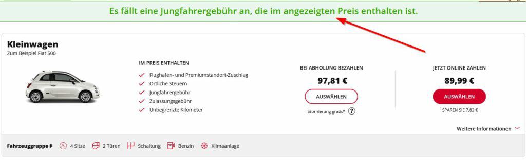An diesem Hinweis lässt sich erkennen, dass die Jungfahrergebühr bereits enthalten ist