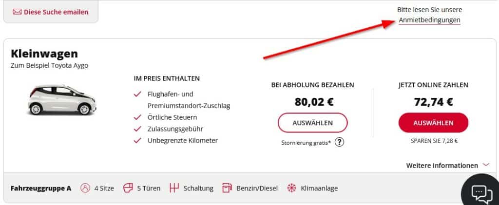 Anmietbedingungen zur AVIS Tankregelung auf der Webseite