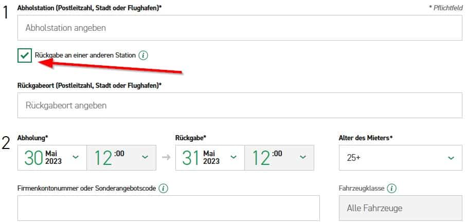 Suchform der Enterprise Webseite für eine Einwegmiete