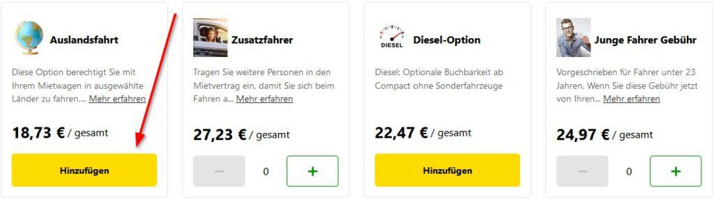 Buchungsoption auf der Europcar Webseite zur Buchung der Auslandsfahrt