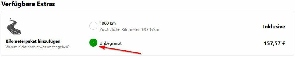 Auswahlmöglichkeit von unbegrenzten Kilometern