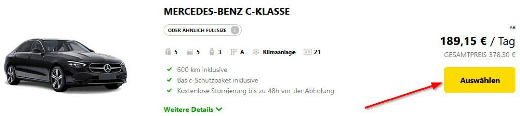 Die Europcar Fahrzeugauswahl auf der Webseite, um zur Auslandsfahrt zu gelangen