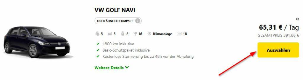 Angebotsauswahl auf der Europcar Webseite, um unbegrenzte Kilometer buchen zu können