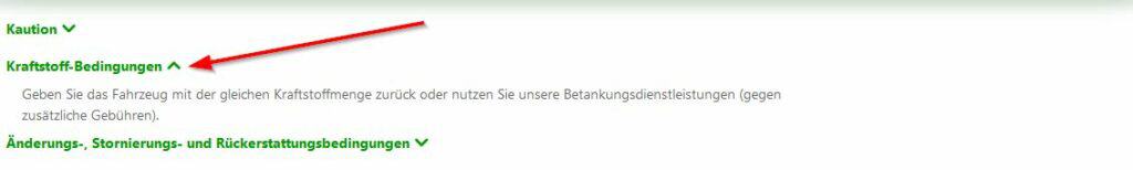 Alle Details zur Europcar Tankregelung werden auch übersichtlich auf der Webseite im letzten Buchungsschritt dargestellt