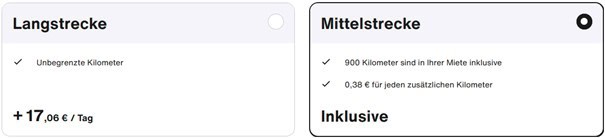 Auf der Webseite von Sixt lassen sich für jedes Fahrzeug ganz einfach die Kilometerpakete Langstrecke oder Mittelstrecke auswählen