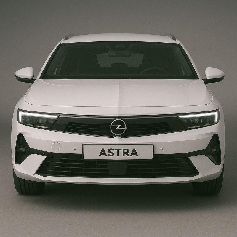 Frontansicht des Opel Astra in Weiß mit modernem Opel-Logo, LED-Tagfahrlichtern und markantem Kühlergrill.