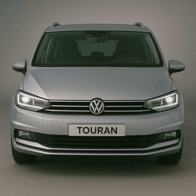 Frontansicht des aktuellen VW Touran mit markantem VW-Emblem, LED-Scheinwerfern und breitem Kühlergrill.